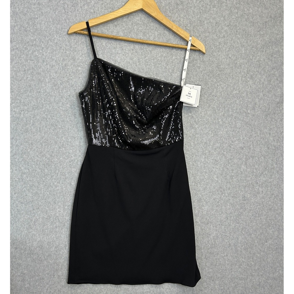 DB Studio Mini Dress Black Sequin One Shoulder Cutout Back Glam Sexy Club Size 4